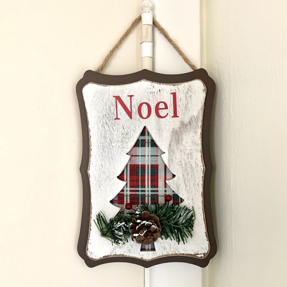 Noel plaid tree pine cone hanging wooden sign